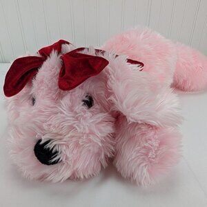 Caltoy Light Pink Dog Plush Red Bow Shaggy 21" Stuffed Animal C & H Toy Co Rare
